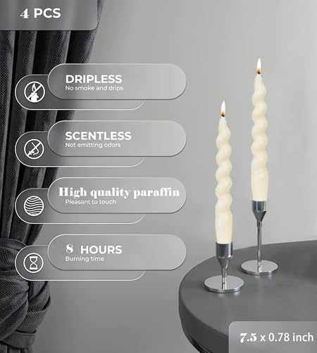 MAITREYA Ivory Taper Candles Stick Spiral Twisted Candles Set of 4 for Decoration Weddings Party Church-Unscented Dripless Candles7.5inch(A-Ivory) - Image 4