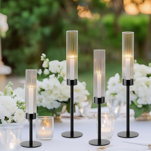 Black Hurricane Candle Holders, Set of 6 Glass Taper Candlestick Holders Metal Candle Stands Bulk with Ribbed Glass Cover for Dining Tables Wedding Candelabra Centerpieces Decor - Image 2