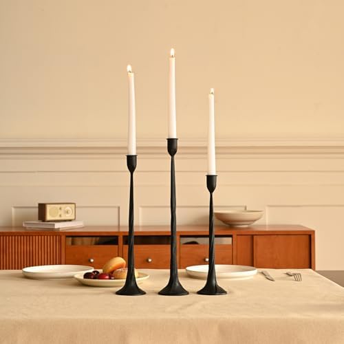 Set of 3 Candle Stick Holders, Iron Black Candlestick Holders, Fits 3/4 inch Fits 3/4 inch Thick Candles, Tapered Candle Holders Tall Set for Dining Table, Wedding, Home Decoration by WOLAOJA