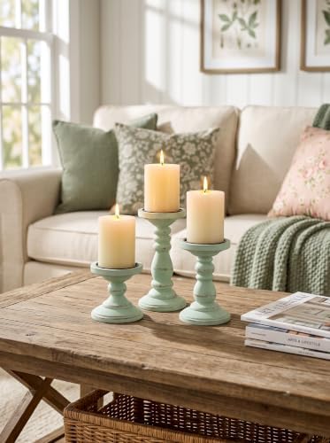 Wood Pillar Candle Holder: Distressed Sage Green Candle Stand - Image 4