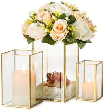 Hewory Glass Hurricane Candle Holder, 3Pcs Gold Rectangle Flower Holders by Hewory