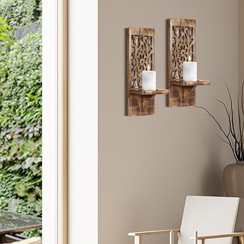 Wall Mounted Candle Sconces Set of 2 - Decorative Hand-Carved Wooden Candle Holders, Farmhouse Style, Perfect for Living Room, Bedroom & Kitchen Wall Décor - 16 Inch - Burnt Antique - Image 2