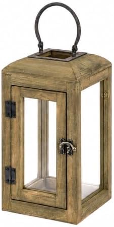 11" High Wooden Lantern Made of Solid Firwood in Handpainted Distressed Natural with Metal Handle,Hurricane Lantern, Farmhouse Lantern for Party, Deck, Front Porch (1, Mediterranean Brown, Small) by Unknown