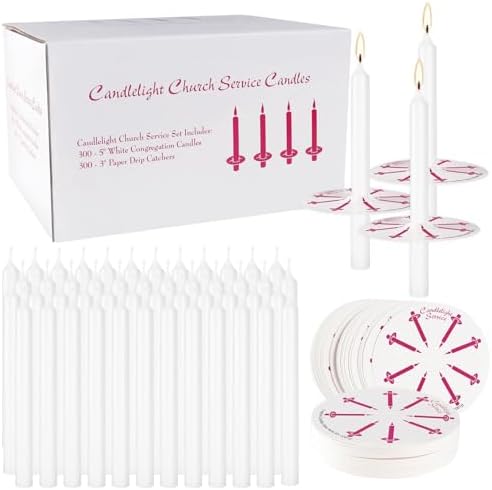 300 Pieces 5-Inch White Unscented Taper Candles with Drip Protectors for Church, Prayer, Shabbat, and Vigil Use by Aamdkcyu