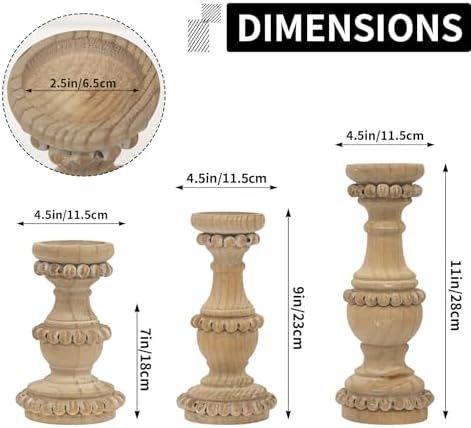 Farmhouse Wooden Candle Holders for Pillar Candles, Set of 3 Vintage Wooden Beaded Candle Holder, Tall Candle Stand Decorative for Living Room, Table Centerpiece (Natural) - Image 2