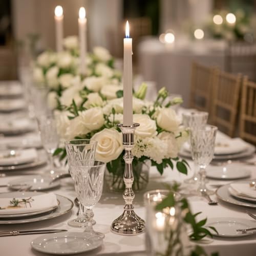Hosley Set of 2 Silver Candlestick Holders for Taper Candles, 8.25 Inch Tall Aluminum Metal Candle Stands, Elegant Formal Dinner & Wedding Centerpiece Decor - Image 3