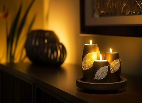 IYARA CRAFT Candle Holder Set with Tray – 3 Handmade Wood Tealight Holders, Black Leaf Design, Winter Home Décor, Spa-Inspired Holiday Centerpiece & Elegant for Women, Mom, Housewarming - Image 5