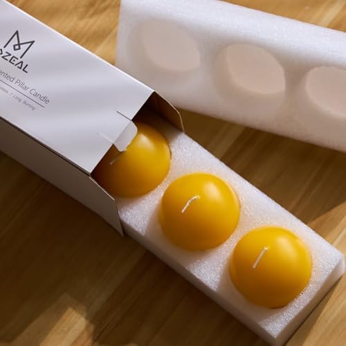 MOZEAL Hand-Poured, 3 Inch Yellow Round Ball Candles - Elegant Yellow Round Pillar Candles Set of 3, Dripless, Unscented, Smokeless, Ideal for Spring and Summer Parties. - Image 6