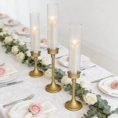 Gold Hurricane Candle Holders - Brass Candlestick Holders Set of 3 - Image 2