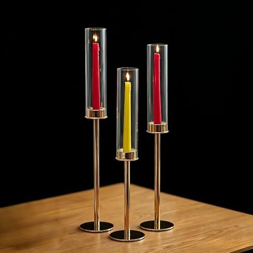 NUPTIO Gold Taper Candle Holders: Set of 3 Tall Hurricane Candlestick Holder with Open Ended Clear Glass Covers Long Stem Metal Candle Stick Stand for Fall Thanksgiving Christmas Table Decor by Nuptio