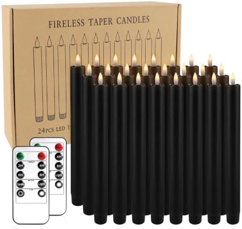 24 Pack Black Flameless Taper Candles with Remote, 9.5 Inch Battery Operated LED Candlesticks, Realistic 3D Flickering Flame, Real Wax Coating for Halloween, Gothic Wedding, Spooky Party & Home Decor by Grcdoyvl
