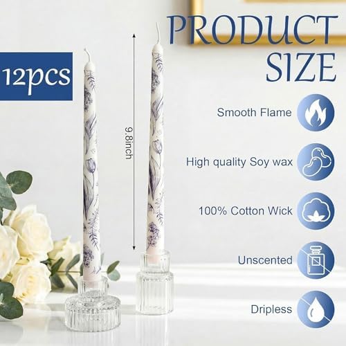 Conelist 12pcs Blue White Floral Taper Candle 9.8" Chinoiserie Candlestick - Image 2