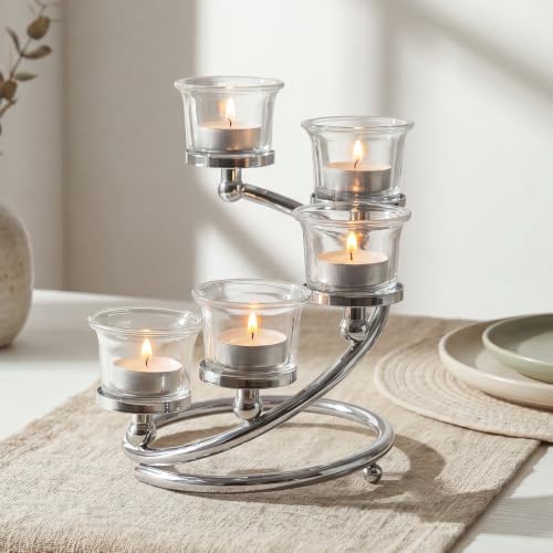 1Pc Silver 5-arm Metal & Glass Tea Light Candle Holders for Table Centerpiece, Glass Votive Tealight Holders/Candelabra Candlestick Holders for Wedding,Party, Anniversary,Christmas by KOLNLALA