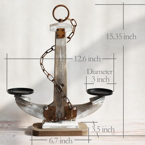 Wooden Anchor Candle Holder for 2 Candles，Rustic Candlestick Stand for Table Centerpiece ，Tall Candlestick with Unique Anchor Design for Home, Nautical,Beach & Lake House Decor（Brown） - Image 2