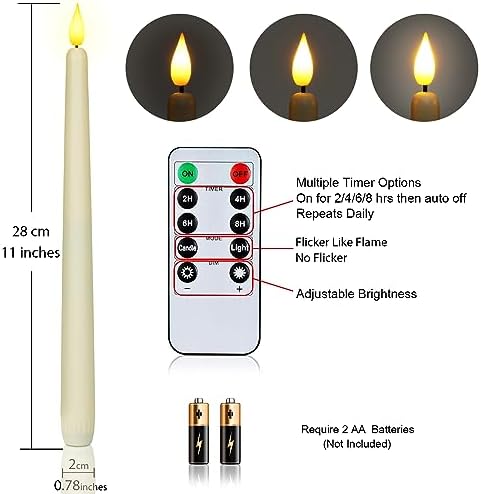 Homemory 12 Pcs Flameless Taper Candles with Remote Timer Dimmer, 11 inches Ivory Taper Candles Battery Operated, Plastic LED Candlesticks with Flickering Flame for Halloween Christmas Church Wedding - Image 4