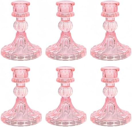 Pink Glass Candlestick Holders, Taper Candle Holders, Set of 6 by ECHFSM