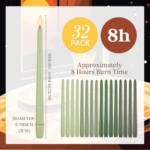 MTLEE 32 Pcs 10 Inch Long Taper Candle Stick Smokeless, Gradient Green - Image 2