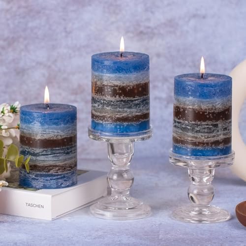 KONNI Layered Pillar Candles Set of 3, 3"x 4" Table Decor Blue Coffee - Image 5