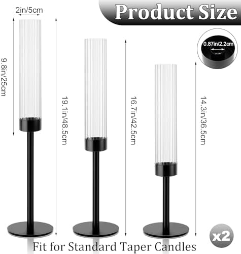 Black Hurricane Candle Holders, Set of 6 Glass Taper Candlestick Holders Metal Candle Stands Bulk with Ribbed Glass Cover for Dining Tables Wedding Candelabra Centerpieces Decor - Image 4