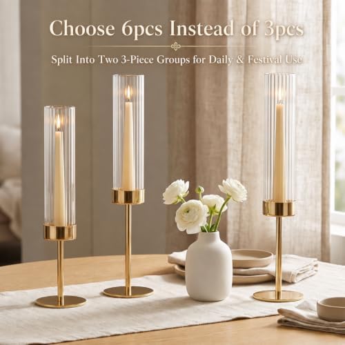 Gold Hurricane Taper Candle Holders,2 Sets(6 Pcs) Brass Tall Candlestick Holders with Ribbed Glass Cylinder, Table Centerpiece Decor for Wedding, Party, Halloween,Christmas & Home Decoration - Image 4