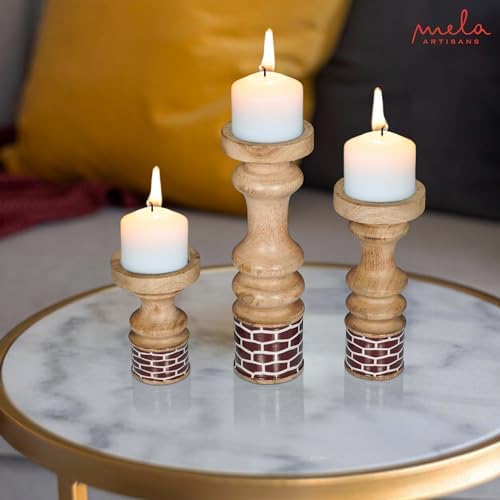 Mela Artisans Gramercy Wood Candle Holders - Red Natural, Set of 3 - Image 7