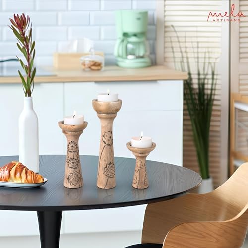 Mela Artisans Lotus Vine Wood Candle Holders - Natural Grey, Set of 3 - Image 6
