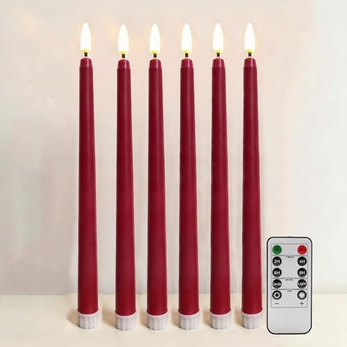 Burgundy Flameless Taper Candles with Remote, LED Candlesticks Set of 6 by Ni-JASW
