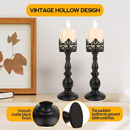 Candle Holders for Pillar Candles Gothic Matte Black Vintage Tall Candle Holders Set of 2 Decorative Large Table Centerpieces Candle Stand Decor (Black 2PCS A) - Image 2
