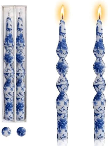 Chinoiserie Candlesticks Spiral Taper Candles - Gedengni 2pcs Blue and White Twisted Candlesticks 10 Inches Long Candle Sticks Floral Tapered Candles for Household Dinner Wedding Party (1D2T-BLUWHT) by Gedengni