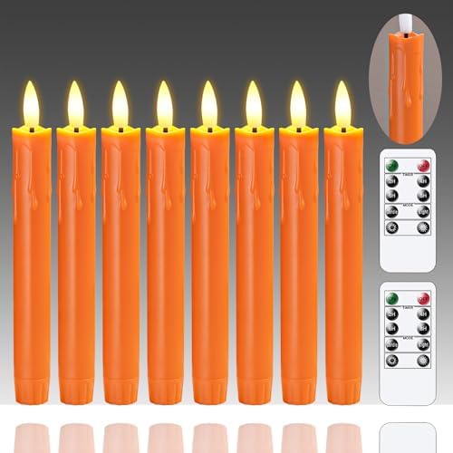 Flameless Flickering Taper Candles Two Remote,7.5 Inch Orange Battery Operated LED Window Candles Timer,Set of 8 Plastic 3D-Wick Dripping-Wax Effect Flameless Candlesticks(0.86”Dia,Warm Fire) by Mavandes
