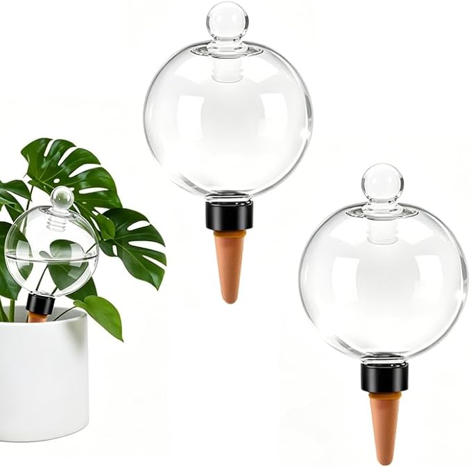 2pcs Plant Self Watering Globes with Covers, Plastic Water Bulbs Top Fill, Plant Watering Devices System Slow Release Terracotta, Water Spikes Stakes for Indoor(2)