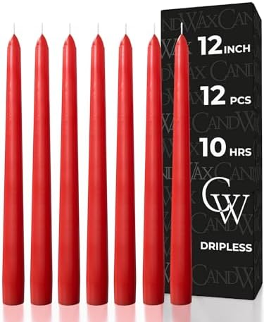 CANDWAX 12 inch Red Taper Candles Set of 12 - Dripless and Long Burning Candlesticks - Perfect as Red Candlesticks for Dinner or Holiday Home Decor - Taper Candle Sticks by CANDWAX