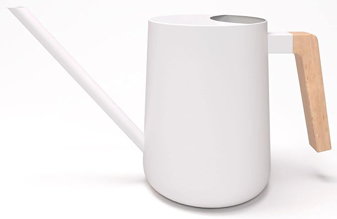 35 Ounce Metal Small Indoor Watering Can with Long Spout & Real Wood Handle for House Plants, Succulents, Cacti & Seedlings - White Long Spout Watering Can Indoor Plants - Gentle Flow & No Spills