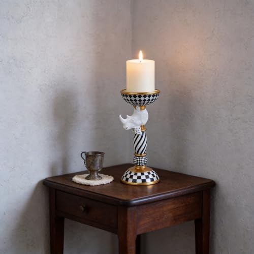 Checkered Animal Candle Holders, Resin Black White Checkered Tiger Head Candlestick Holders, Cute Black-and-White Pillar Candle Stand Home Decorations (Rhinoceros) - Image 4