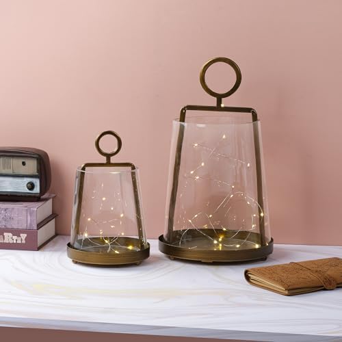 6" Wide Modern Farmhouse Metal Hurricane Candle Holder with Handmade Sturdy Glass Sleeve in Antique Brass for Pillar Candle & Plants, Glass Hurricane Lantern, Industrial, Minimalistic - Image 5