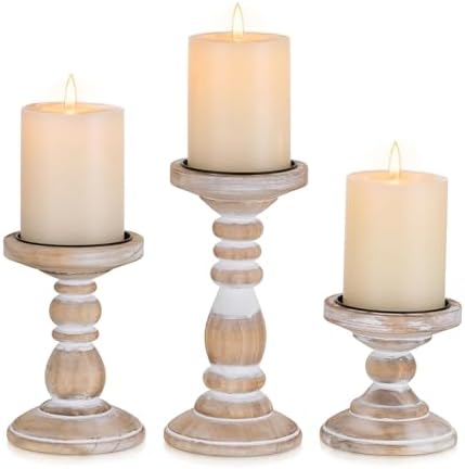 Wood Pillar Candle Holder: Rustic Distressed White Candle Stand by CreatedforWeddingsandHome
