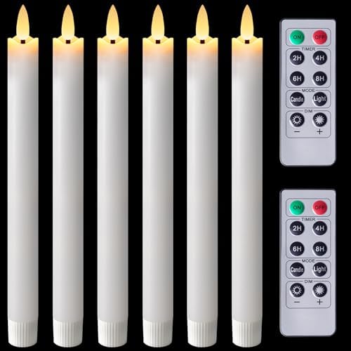Homemory 9.6 Inches Waxy Flameless Taper Candles with Remote Timer Dimmer, Flickering LED Candlesticks, Battery Operated Window Candle for Christmas Wedding Decor, 6 Pcs White Wavy Taper Candles by Homemory
