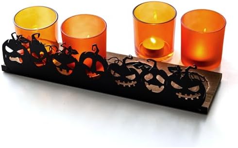 Jack o Lantern Halloween Candle Holder Set, 4 Orange Glass Votive Holders with Metal Pumpkin Charms & Wooden Tray, Spooky Indoor/Outdoor Halloween Decor for Parties, Mantel, Tables by Unknown