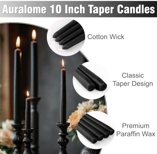 Black Taper Candles - 12 Pack 10 Inch Black Candlesticks Dripless Unscented Wax Long Burning Tall Tapered Candles Smokeless for Halloween Gothic Decor Spells Rituals Home Party - Image 2