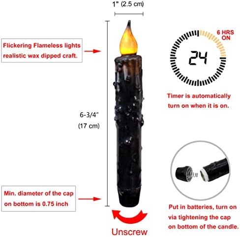 CVHOMEDECO. Real Wax Hand Dipped Battery Operated LED Timer Taper Candles Country Primitive Flameless Lights Décor, 6-3/4 Inch, Matt Black, 2 PCS in a Package - Image 6