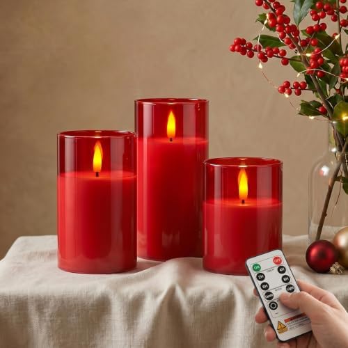 Amagic Red Glass Flameless LED Candles Battery Operated with Remote Timer by AMAGIC