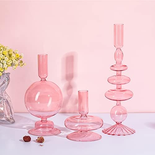 Rtteri 3 Pcs Iridescent Glass Candlestick Holders Taper Candle, Pink - Image 3
