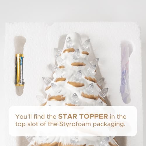Sunlit 13'' Cordless Lighted Ceramic Christmas Tree Vintage Tabletop Christmas Decoration Pre-Lit Colorful Mini Light Bulbs Traditional AA Battery Operated LED - White and Gold - Image 5