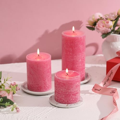 3x6 Inch Pink Pillar Candles Set of 3 - Hand-Poured Unscented Candles, Long Clean Burning, Smokeless Dripless Candle for Dinner Table, Home, Bathroom, Wedding, Valentines Day Decor - Image 3
