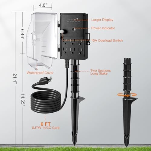 Outdoor Power Stake Waterproof Light Timer Dusk to Dawn 6 Outlets - Image 7