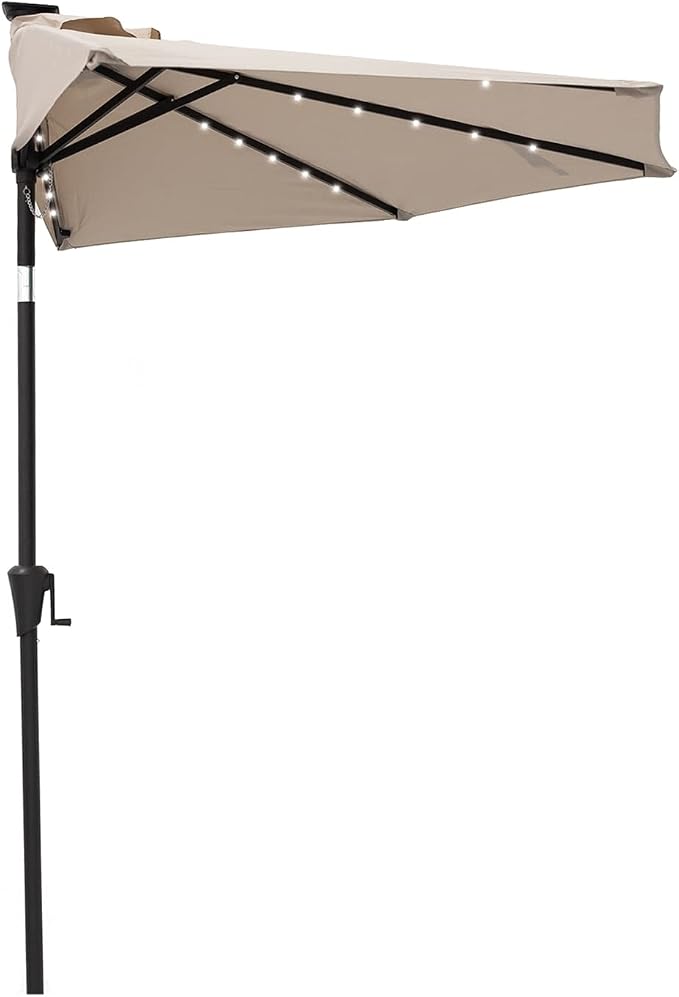 Helios&Hestia 9 ft Small Half Round Solar Powered Wall Outdoor Market Patio Umbrella with LED Lights and Tilt for Garden, Deck, Balcony