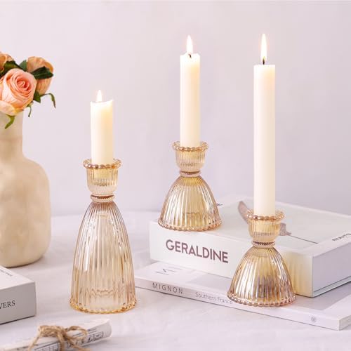 Gold Candlestick Holders Set of 6-4pcs 3.5"& 2pcs 6" Assorted Taper Candle Holder Centerpieces for Wedding, Ribbed Glass Candle Holders Bulk for Party Table Decor, Modern Home Decor - Image 4