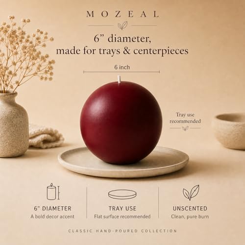 MOZEAL Hand-Poured, 6 Inch Dark Red Large Round Ball Candles - Elegant Dark Red Round Pillar Candles, Dripless, Unscented, Smokeless, Ideal for Intimate Gatherings. - Image 3