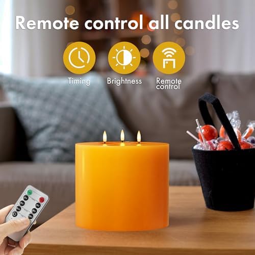 Orange Extra Large Flameless Candles, 6"x6" Battery Operated Candles with Remote, Real Wax Flickering LED Candles with 3 Wicks for Fall, Thanksgiving, Harvest, Halloween Decor - Image 3