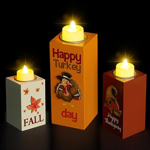 BlcTec Thanksgiving Decorations for Home 3 PCS Wood Candle Holders with LED Tea Lights & 3D Carving Craft, Rustic Candle Centerpieces for Home, Table, Office, Tiered Tray Fall Decor Thanksgiving Decor by BlcTec